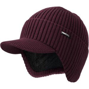 Men & Women Maroon Beanie with Brim and Ear Flaps Fleece-Lined Hat
